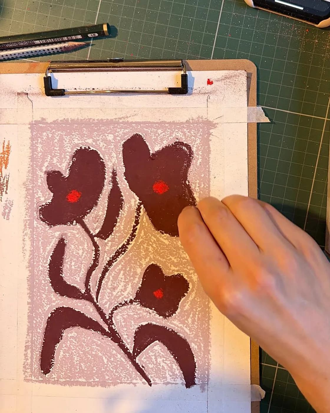 Fleurs au pastel sec, en cours, drawing & pastel made at Artichaut in Montmartre