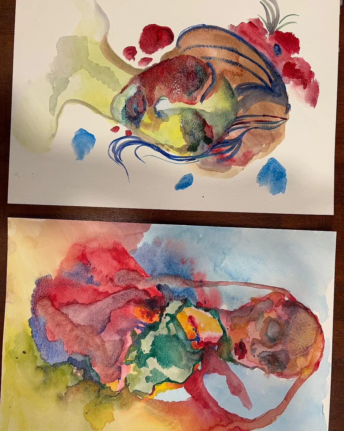 Deux aquarelles, poisson et chimère, watercolour made at Artichaut in Montmartre