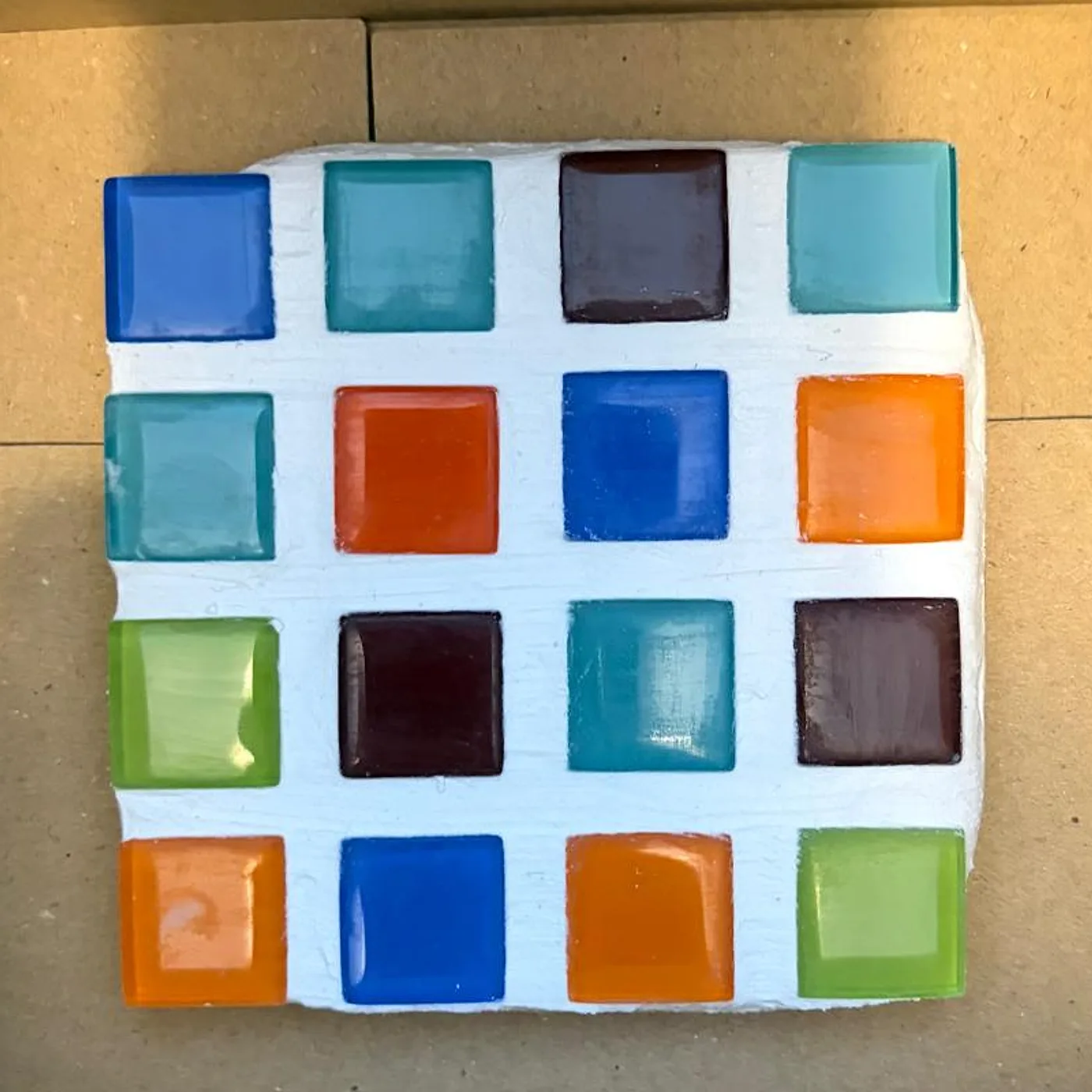 Dessous de verre, carrés de verre colorés, mosaic made at Artichaut in Montmartre