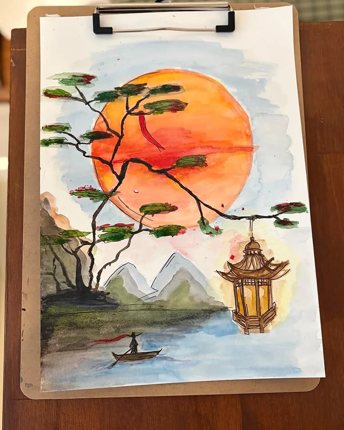 Aquarelle, soleil couchant et pagode, watercolour made at Artichaut in Montmartre
