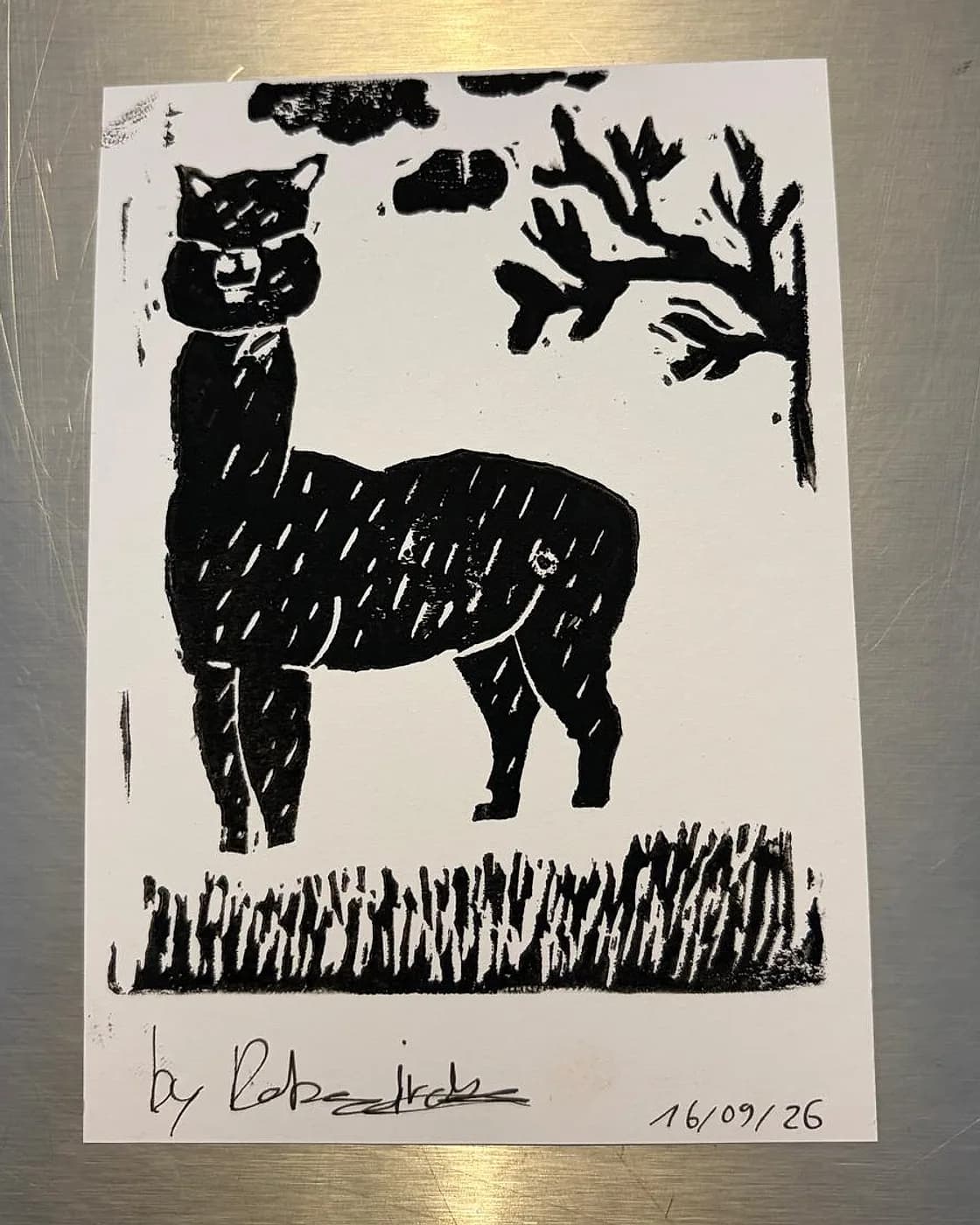 Carte gravée, lama, printmaking made at Artichaut in Montmartre